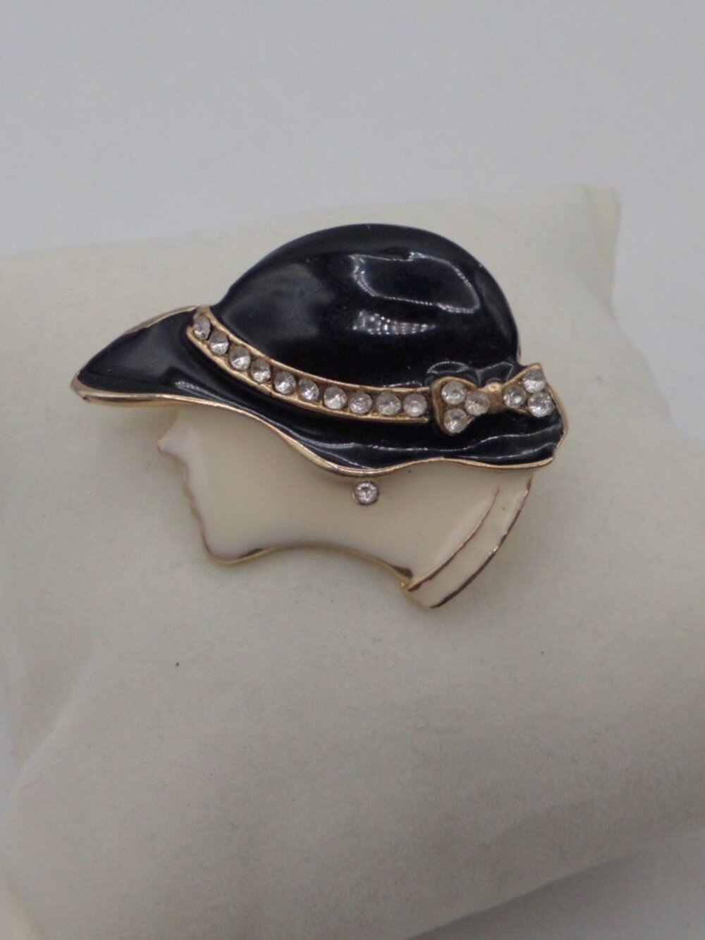 Vtg Art Deco Style Lady Profile Brooch Pin Black Enamel Rhinestones